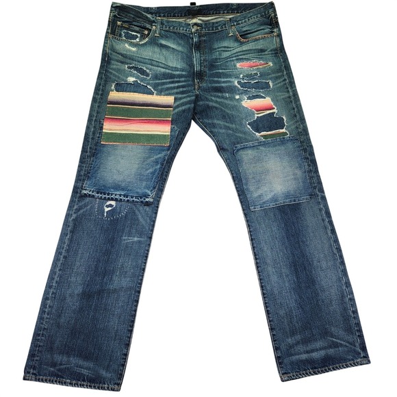 Polo Ralph Lauren Hampton Relaxed Straight Serape Patchwork Distress Jeans 44x36
